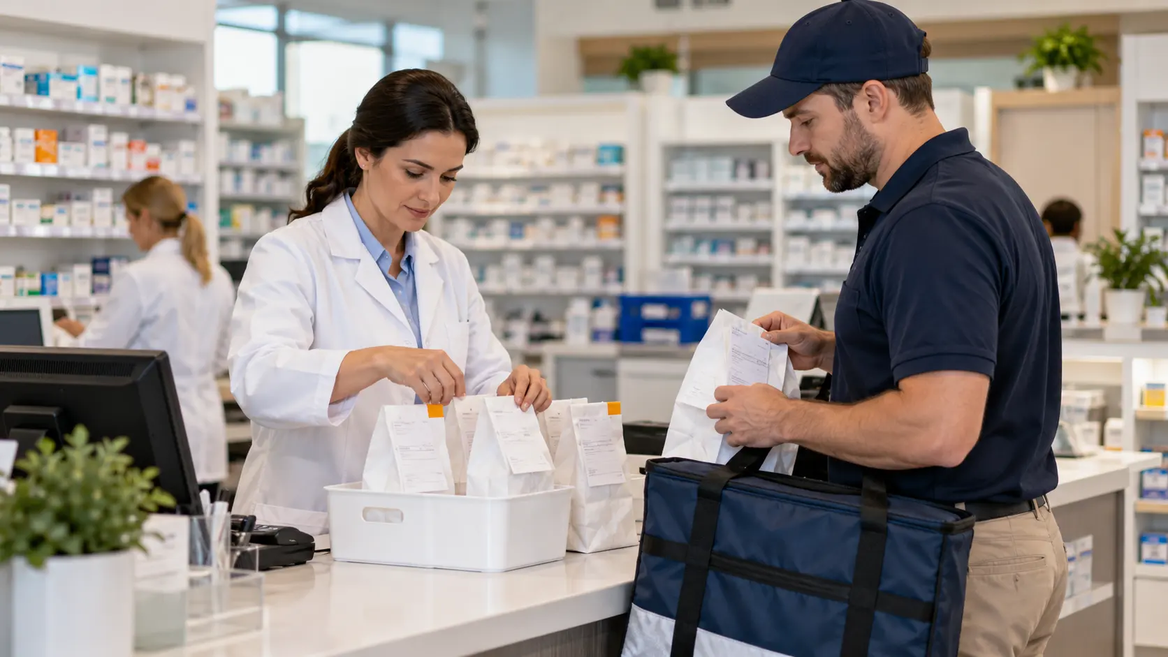A pharmacist organizes prescription delivery bags at an independent pharmacy counter as a courier prepares orders.