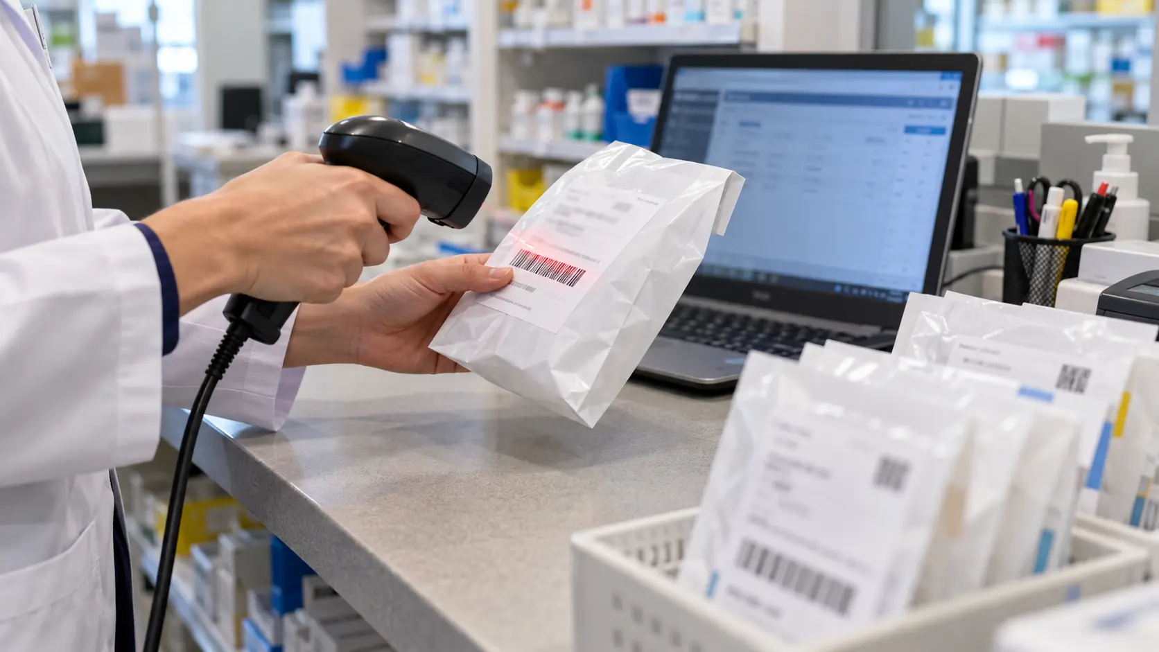 Close-up of a pharmacist scanning a prescription delivery bag beside a laptop at a pharmacy workstation.