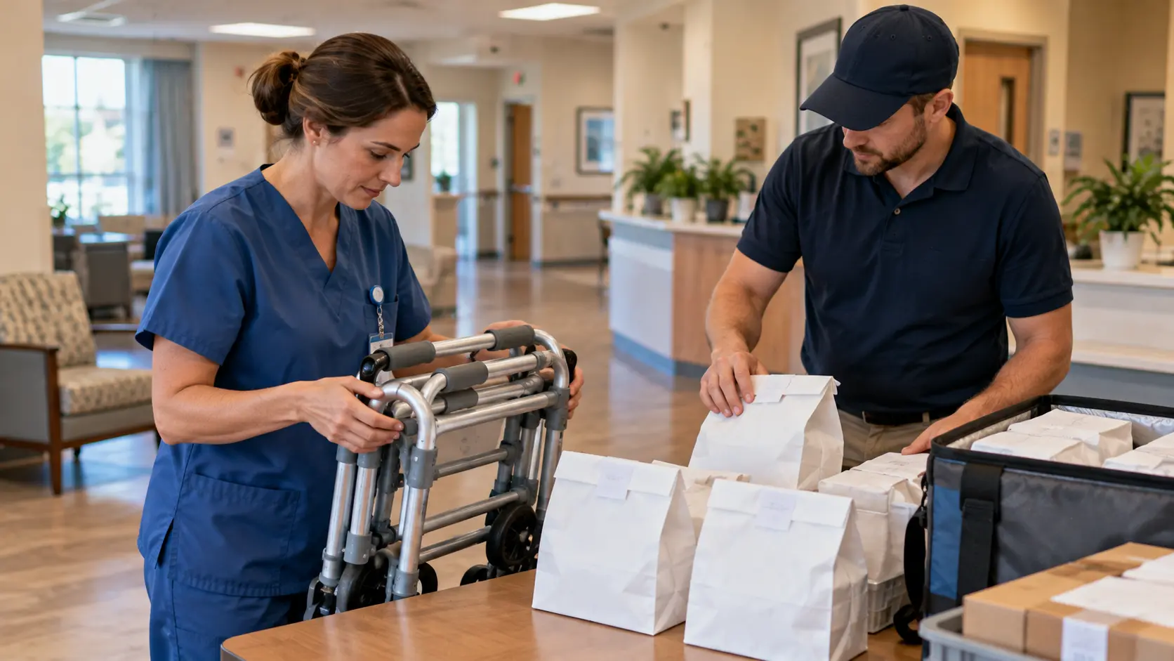 A care facility worker and courier check a folded walker and sealed pharmacy packages on a receiving table.