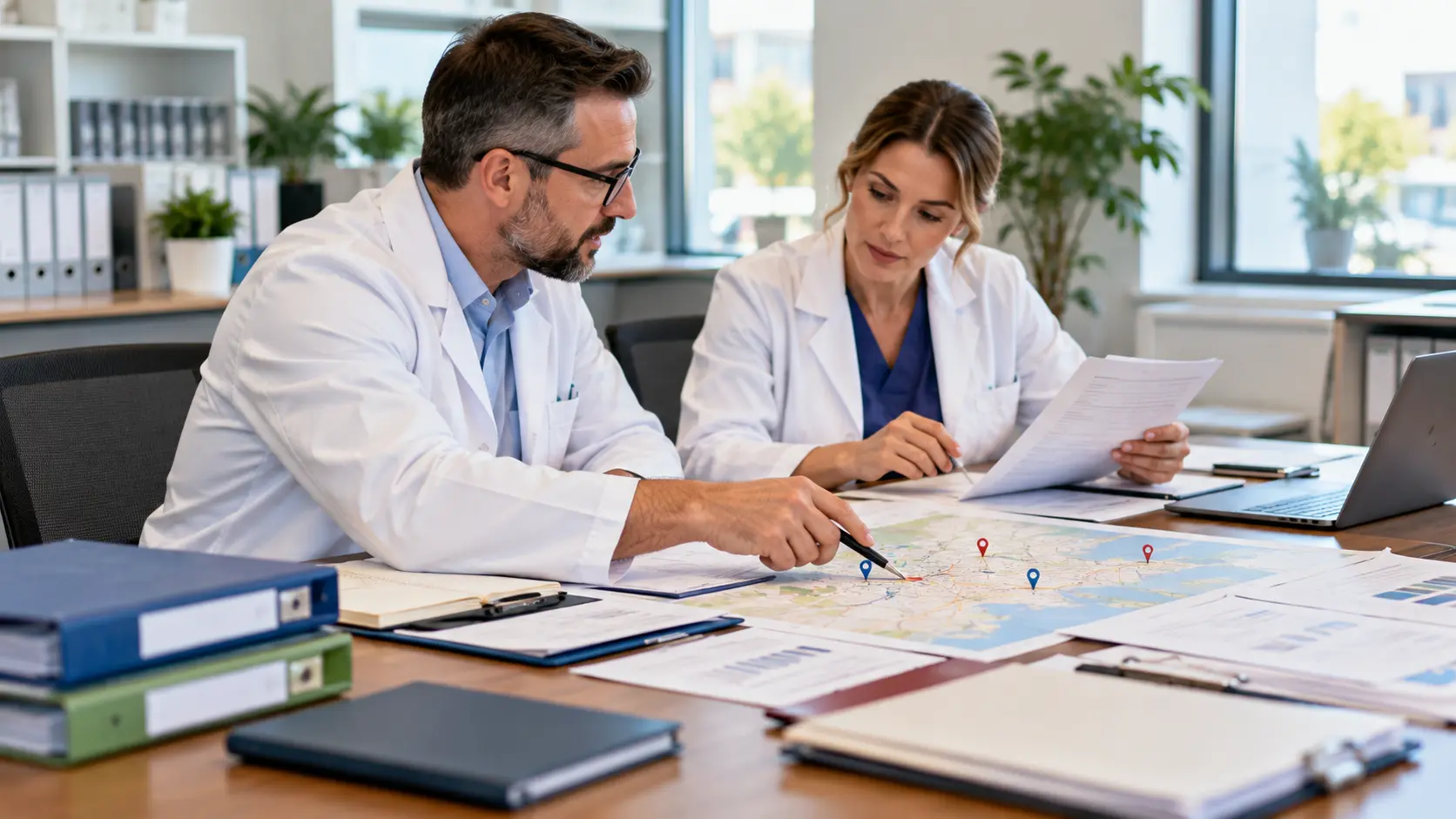 Two pharmacy operations managers review branch folders and a location map during a delivery planning meeting.