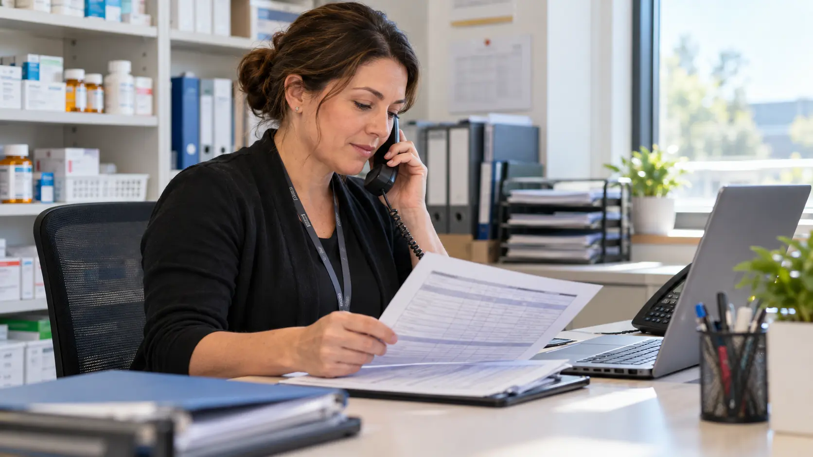 109 (including spaces): Pharmacy manager on a phone call beside a paper daily delivery schedule at a small dispatch desk in an office
