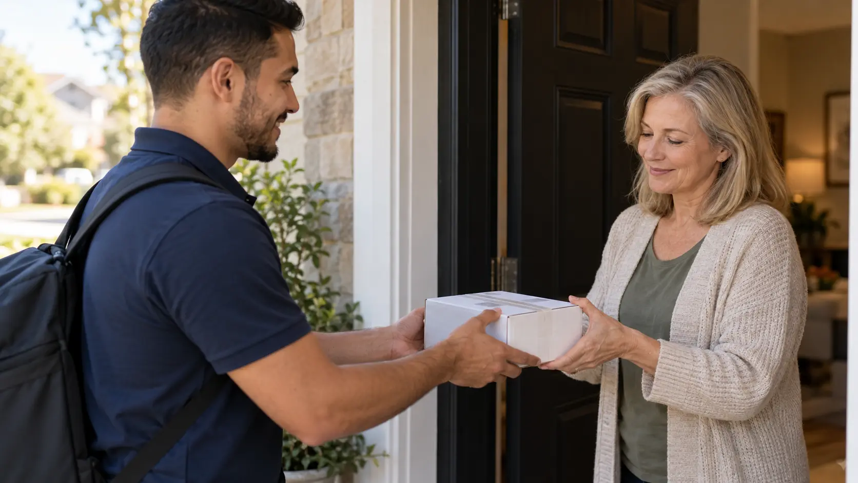 109 (including spaces): Delivery driver handing a sealed pharmacy package to an adult recipient at a residential doorway in daylight.