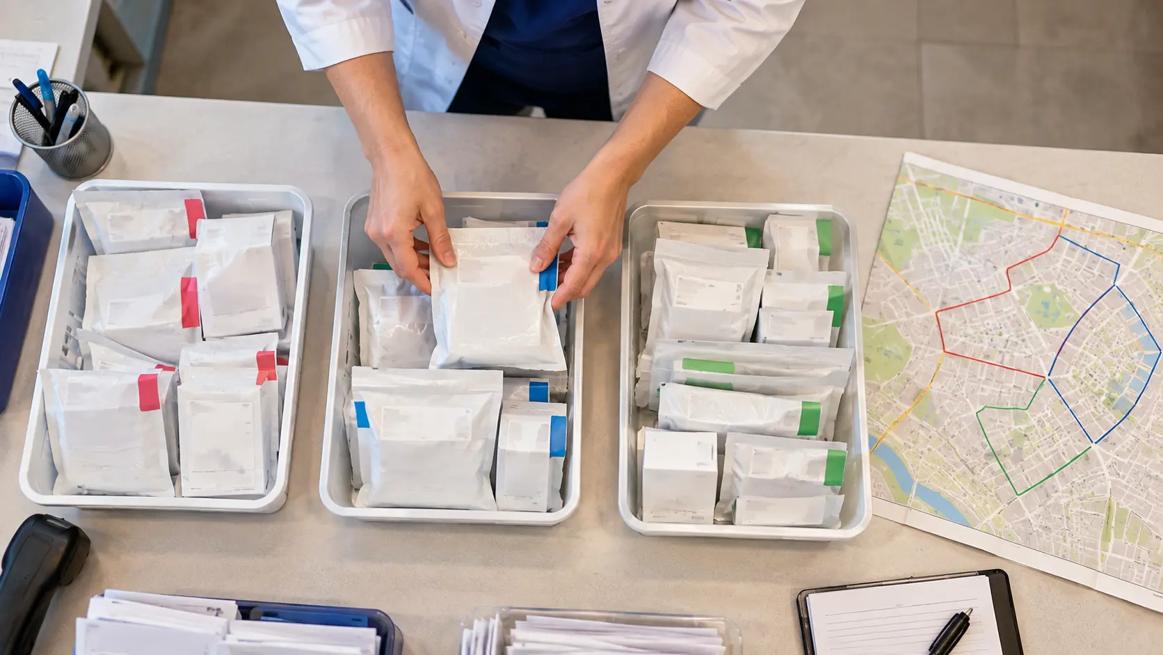 109 (including spaces): Overhead view of sealed pharmacy delivery packages grouped into trays beside a folded neighborhood street map