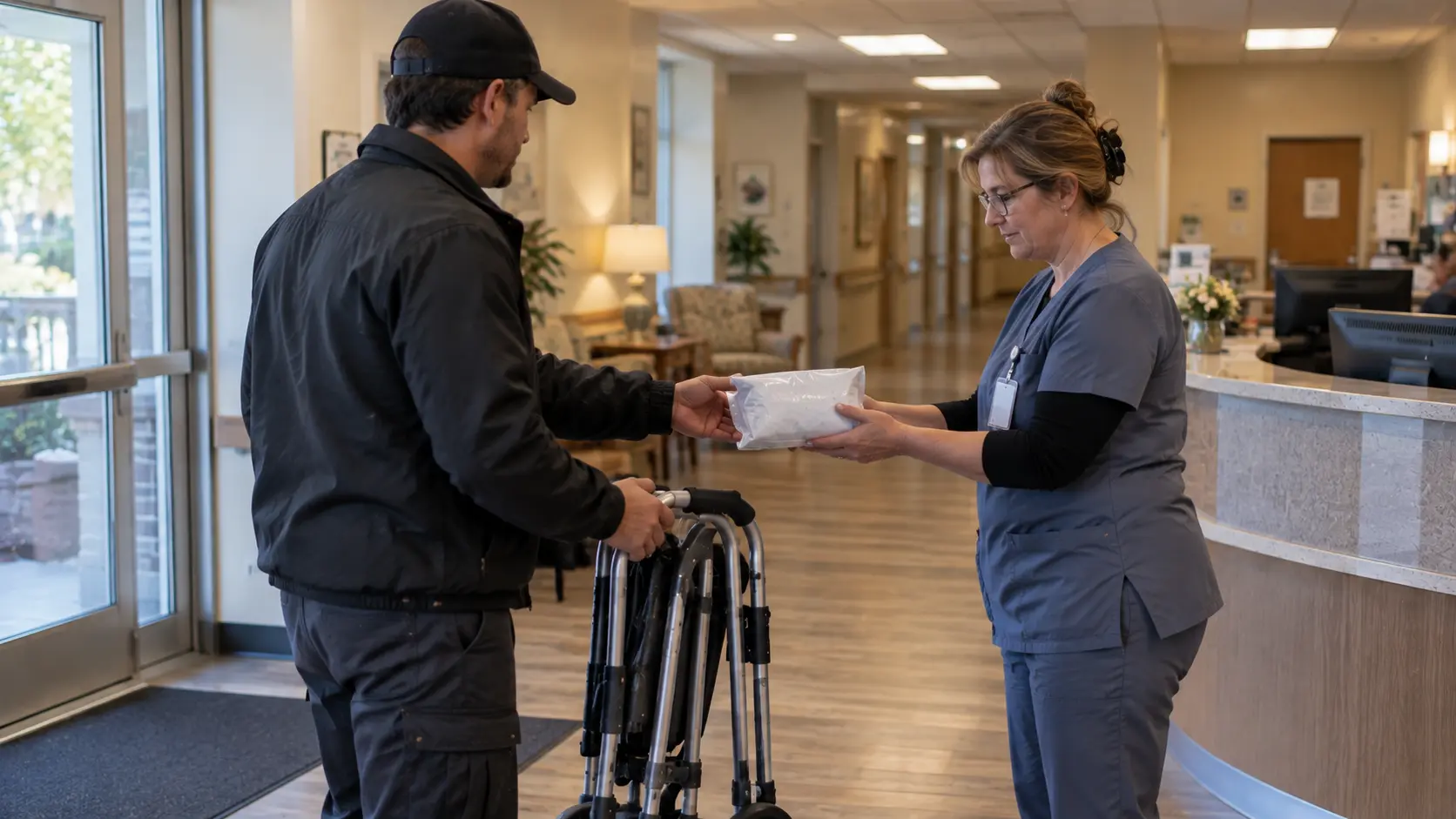 109 (including spaces): Courier delivering a folded walker and sealed pharmacy package to a staff member at a long-term care facility