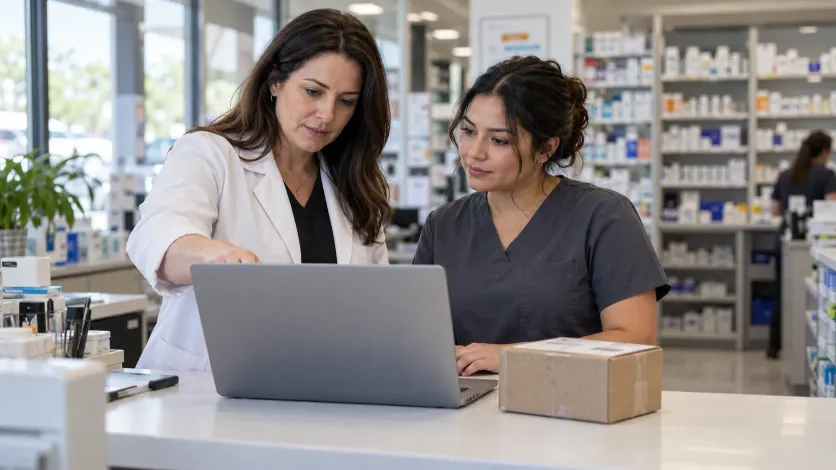 Two pharmacy employees reviewing delivery plans on a laptop beside a sealed parcel at the dispensary counter.