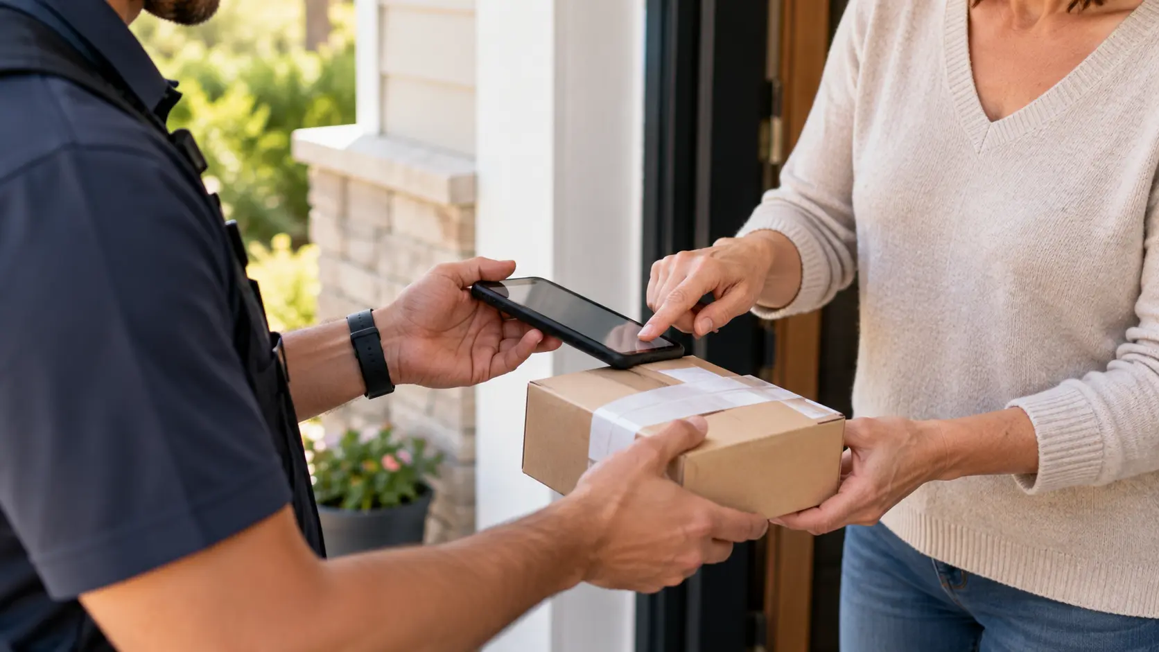 A medical courier handing a sealed prescription parcel to a recipient signing on a phone at their doorway.