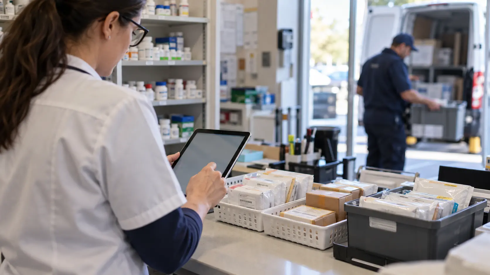 A pharmacy dispatcher checking routes on a tablet beside organized trays of sealed prescription parcels.