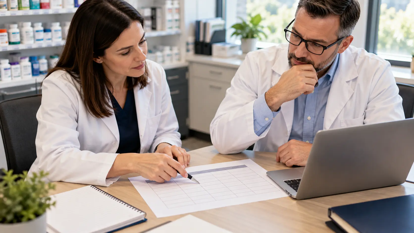 Two pharmacy managers reviewing a blank comparison grid and laptop while discussing software options.
