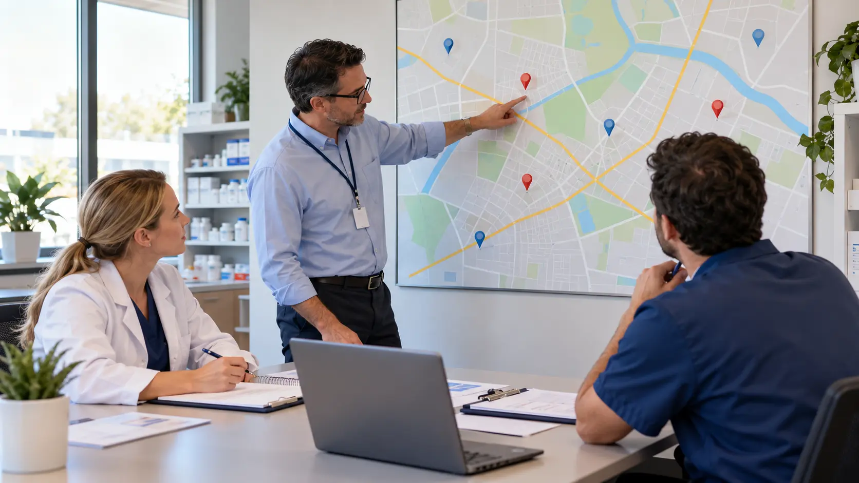 Regional pharmacy manager pointing to a wall map while two colleagues discuss logistics in a bright office
