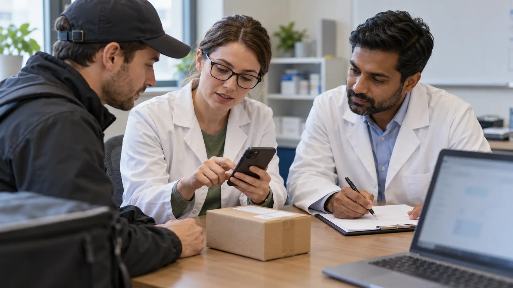 Pharmacy team members and a courier examining a phone and a sample parcel during a conference room meeting