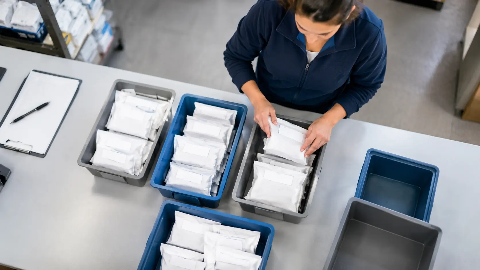 Courier arranges sealed pharmacy delivery bags into plain storage totes before leaving on the day's route.