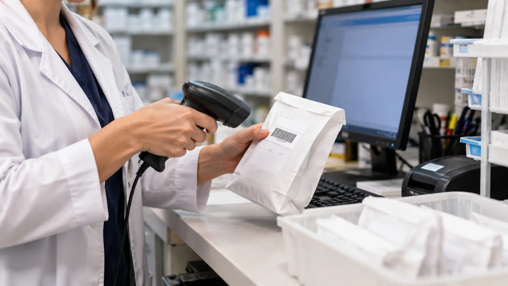Pharmacy technician scans a barcode on a sealed delivery bag beside a desktop computer at the pharmacy counter.