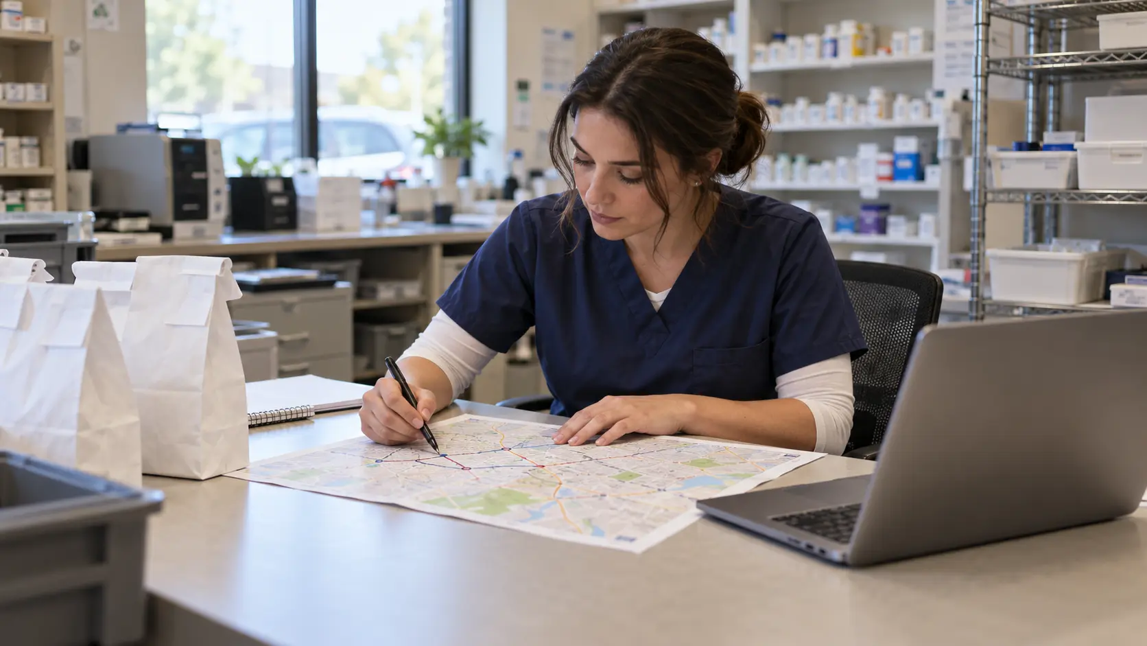 Pharmacy employee reviews a paper delivery map beside sealed prescription bags and a laptop in a back office.