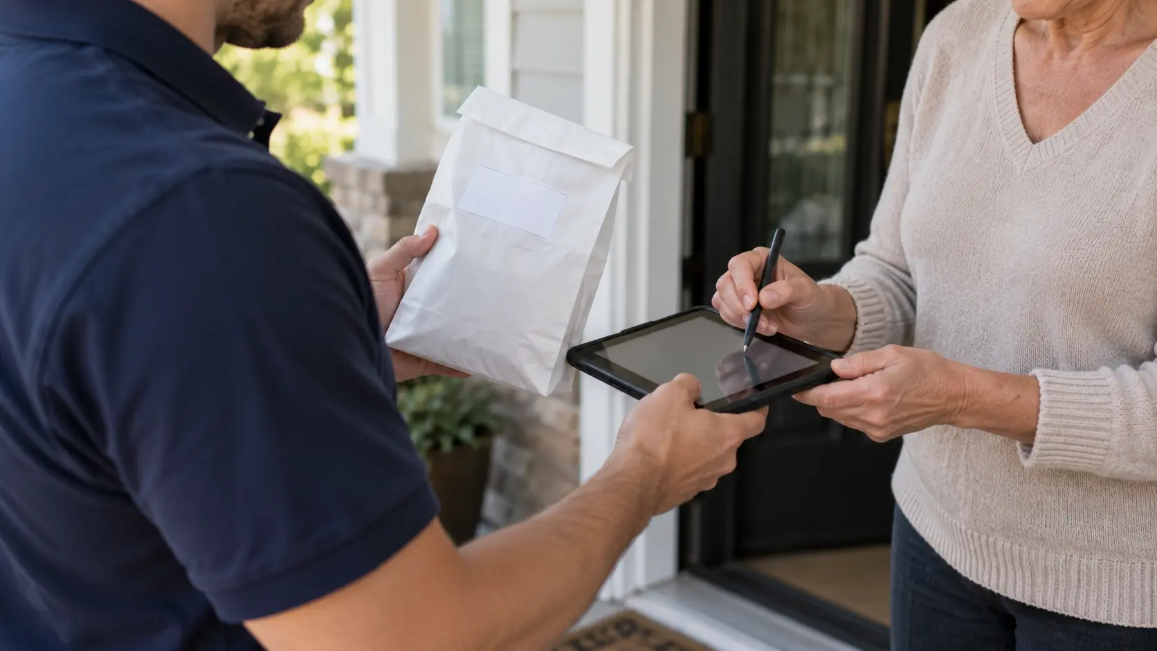Courier holds a tablet as a customer signs for a sealed prescription delivery at the front doorway of a home.